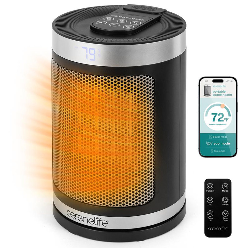 Serenelife Smart Space Heater – 1500W Indoor Electric Heater With Thermostat, Remote Control, 12-Hour Timer, Wi-Fi Enabled PTC Ceramic Heating For Home And Office, Black (5.9" X 5.9" X 9.5")