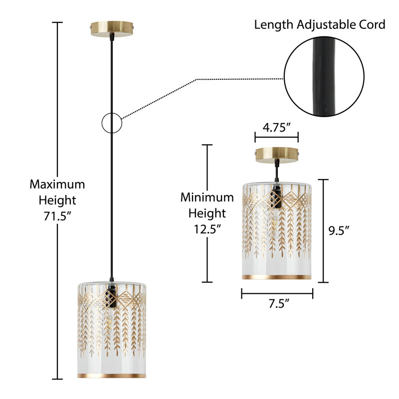 7.5"W Flora Glam Gold And Clear Glass Drum Shade Pendant