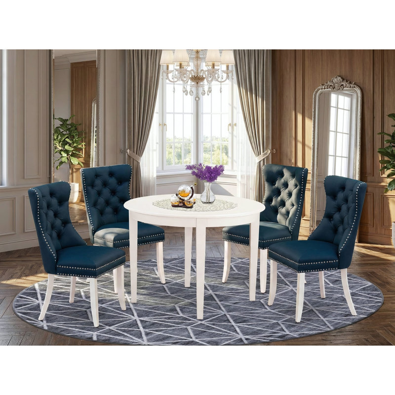 5 Piece Dining Room Set Includes a Rectangle Modern Dining Table and 4 Polyester Fabric Upholstered Parson Chairs, linen white