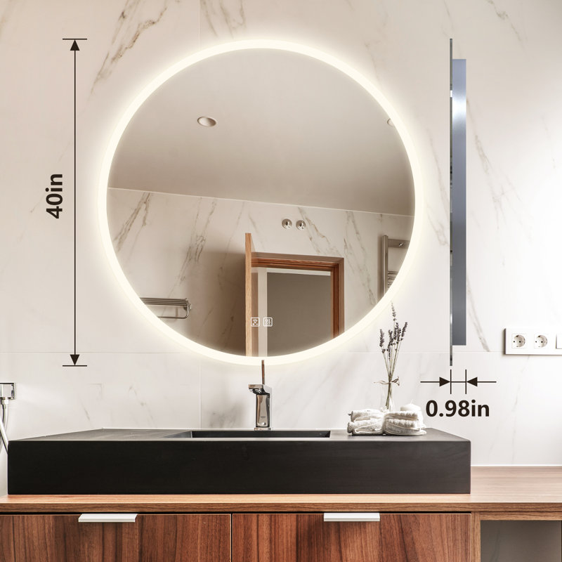 Miroir rond de salle de bain / meuble-lavabo à économie d'énergie avec DEL argentée sans cuivre Naliyah, 40 po x 40 po