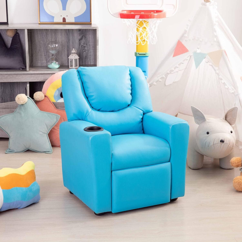 Roomy Kids' Recliner Chair with Cup Holder, Toddler Recliner With Push-Back Design, and Adjustable Footrest, Blue PVC