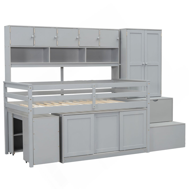 Lit mezzanine simple en bois avec grand rangement et bureau sous le lit, avec tiroirs et tablettes, gris, Lit simple, Gris