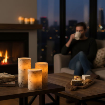 3 bougies parfumées sans flamme - bougies DEL avec écorce de faux bouleau avec télécommande