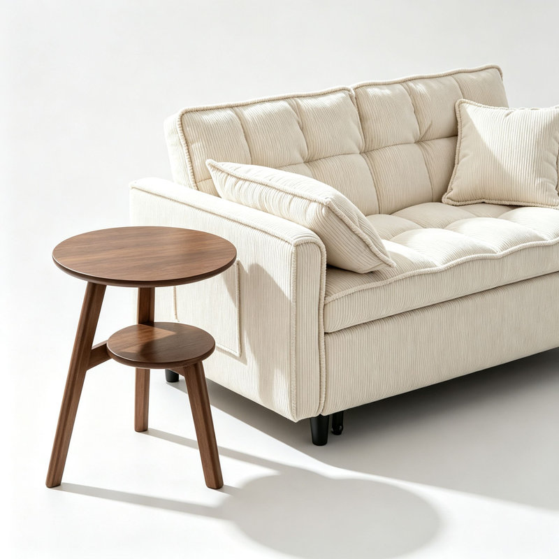 Canapé-lit pliant moderne 3 en 1 en velours côtelé de 140 cm avec 2 coussins lombaires et table d'appoint ronde à 2 niveaux en bois massif, ensemble de meubles multifonctionnels pour salon, chambre et bureau