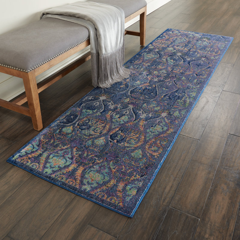 Tapis bleu marine traditionnel Raymond, Tapis de couloir 2 pi 4 po x 8 pi