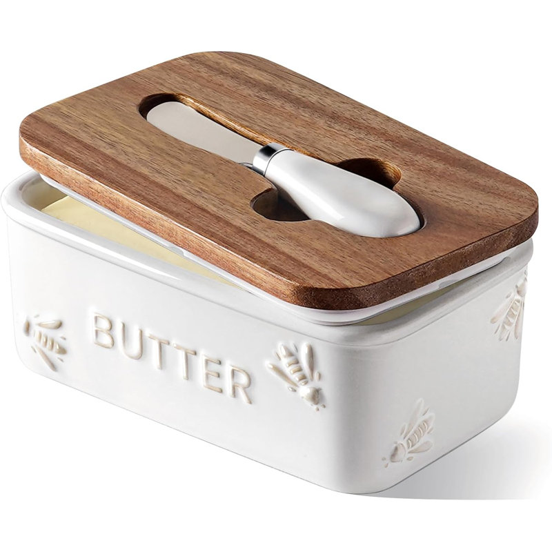 Beurrier en céramique avec couvercle en bois - Beurrier de style campagnard avec motif en relief