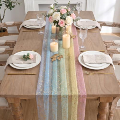 Lot de 2 chemins de table en gaze dorée de 3 m (120 pouces), avec paillettes arc-en-ciel et feuille métallique transparente. Décoration idéale pour les repas, les mariages, les anniversaires, les fêtes et les réceptions à la maison.