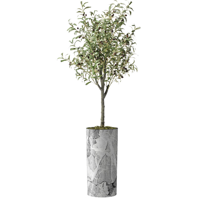 Arbre artificiel dans un pot de fleurs moderne, décoration d'arbre en soie d'olivier artificiel (pot et arbre), Marbre gris