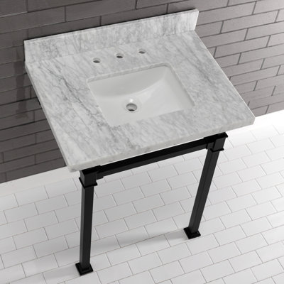 Kingston Brass Monarch 30-Inch Carrara Marble Console Sink with Stainless Steel Legs (8-Inch, 3-Hole)