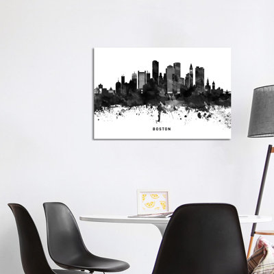 Boston Skyline Black And White by WallDecorAddict - Wrapped Canvas Painting