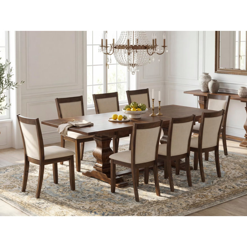 9 Piece Dining Table Set Includes a Rectangle Wooden Table with Removable Leaf and 8 Light Beige Linen Fabric Upholstered Chairs, Antique Walnut