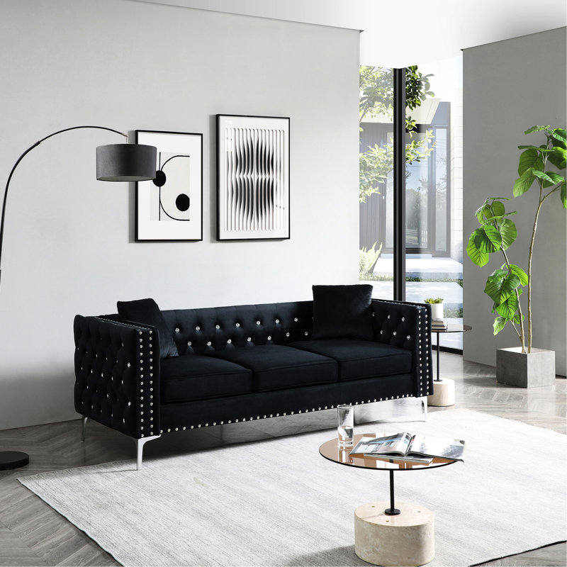 Siège moderne en velours noir de largeur 3 82,3 po, capitonnage à boutons, carré, structure interne en bois massif, pieds en métal, 2 coussins décoratifs, largeur facile à déplacer, boutons, accoudoirs, coussins à ressorts ensachés, argent