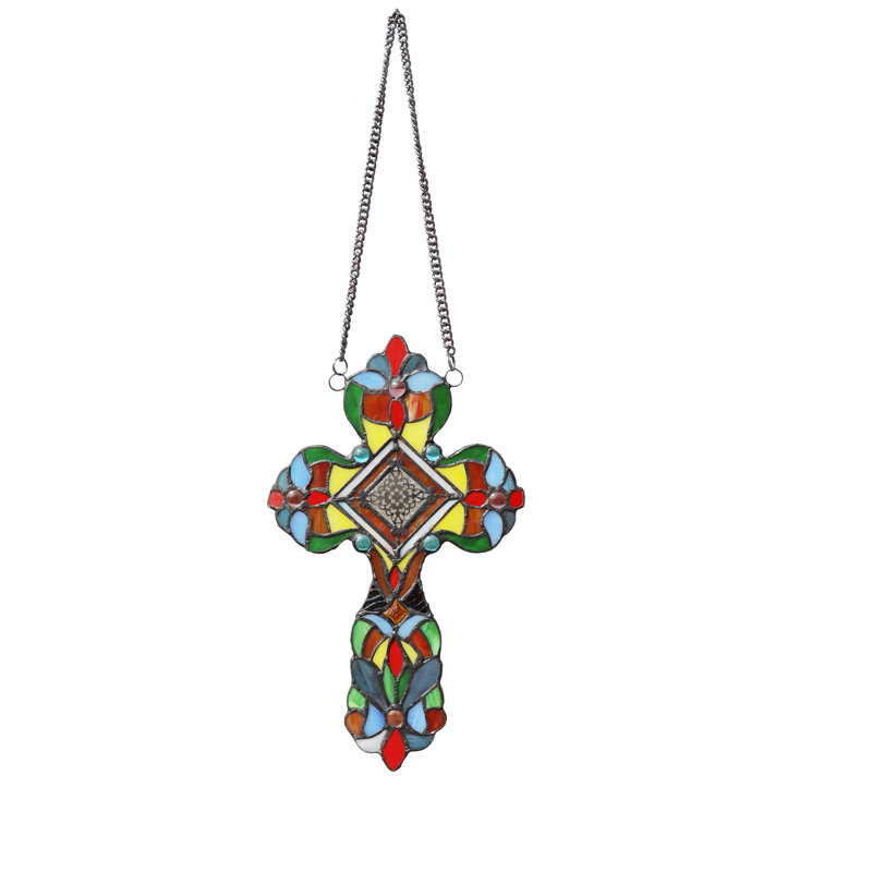 Adelina Victorian Tiffany-Style Stained Glass Cross Panel with Chain