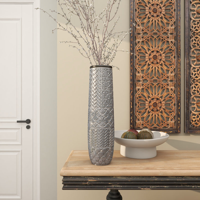 Ceramic Slim Engraved Patterned Decorative Gray Vase, 22" H x 6" W x 6" D