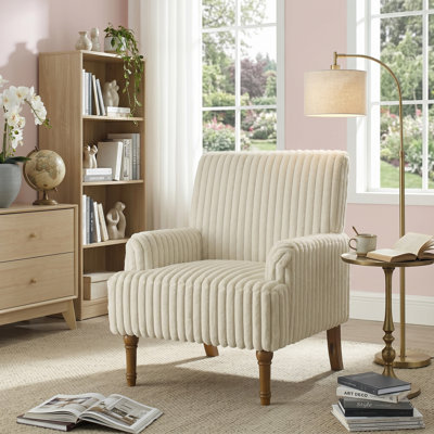 Chaise d'appoint rembourrée en velours côtelé de 27,5 po de largeur, fauteuil Mid-Century moderne avec pieds tournés en bois - Beige