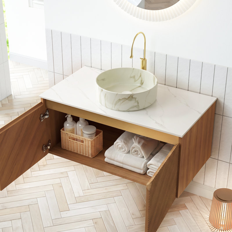 Meuble-lavabo mural simple 36 po x P 18 po x H 34 po à grain de bois chêne brun avec vasque ronde en céramique blanche à motif pierre matte et plateau en pierre