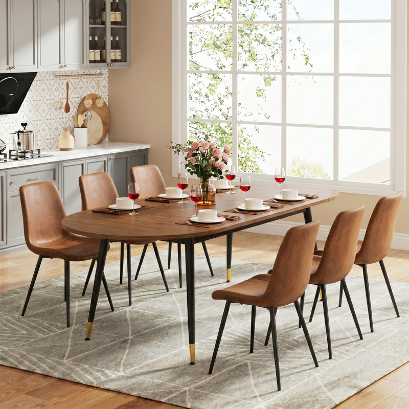 7-Piece Mid-Century Modern Extendable Round-to-Oval Dining Set with Wood Top and Upholstered Chairs, Brown