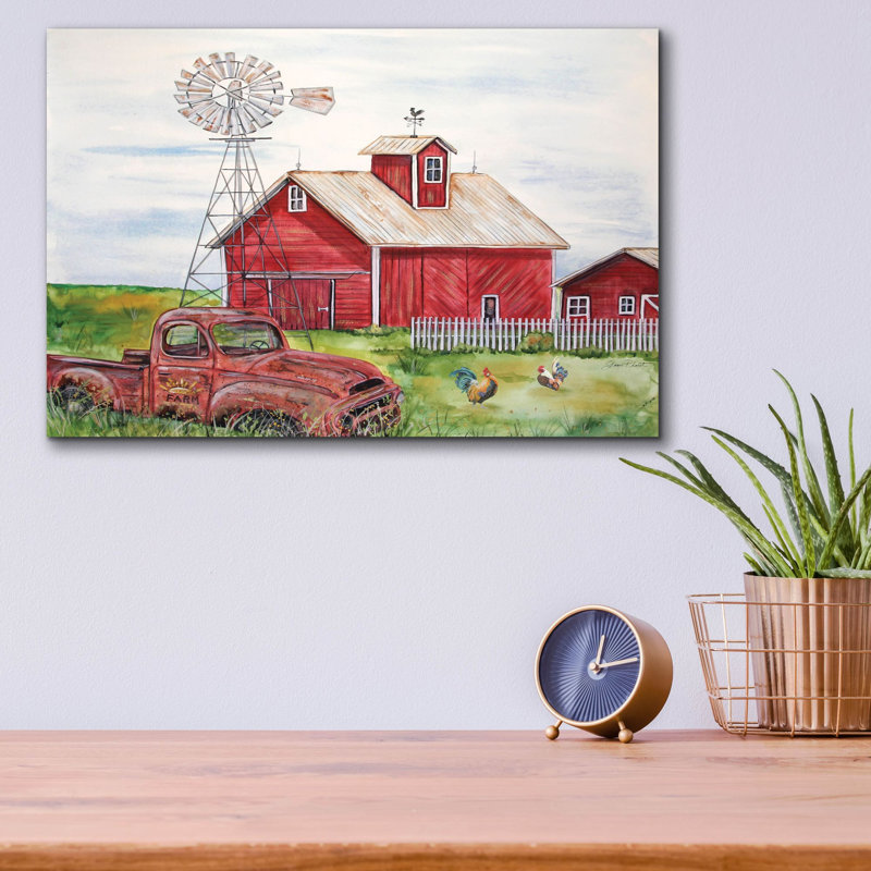 Art mural en verre acrylique «Red Red Barn A» par Jean Plout, H 12 po x l 16 po x P 0,13 po