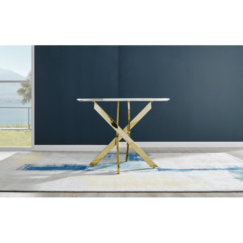 Tierra White Marble Effect Nest Legged Dining Table, 39.4" L x 39.4" W, Gold