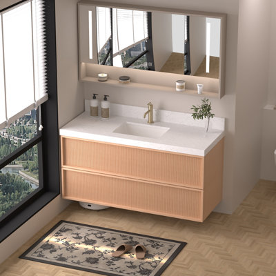 48 Inch Fluted Floating Bathroom Vanity with Engineered Marble Top and Sink