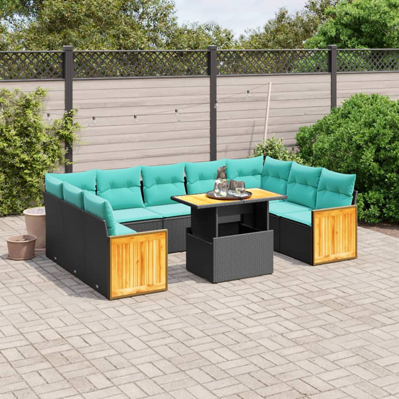  Ensemble de canapé de patio 10 pièces avec coussins en rotin de polyester, Noir, Vert
