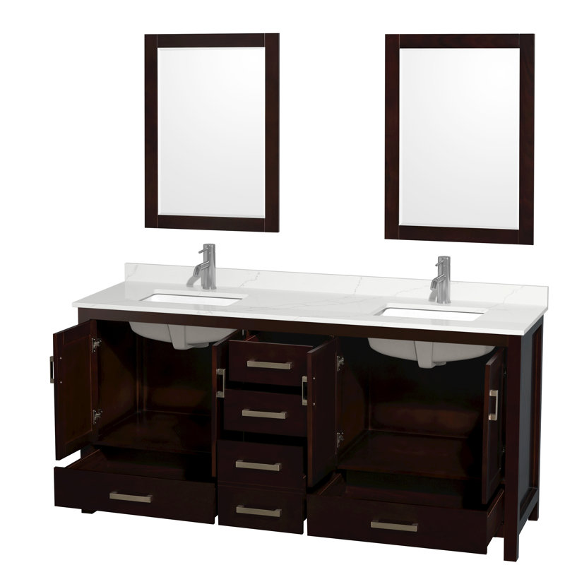 Sheffield 72" Freestanding Double Bathroom Vanity with Quartz Top with 24" Mirrors, Giotto Quartz, Brown, 72"