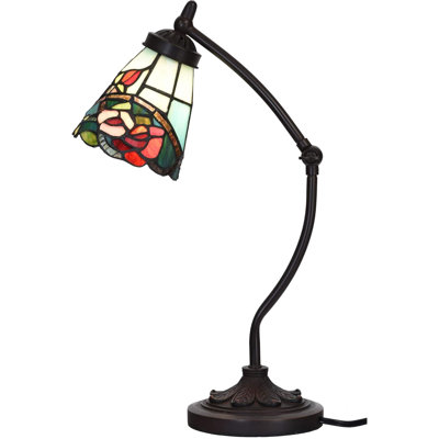 Tiffany Style Stained Glass Table Lamp With Swing Arm Base - Handmade Rose Flower Design For Reading, Working, And Home Decor