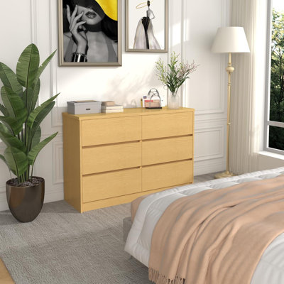  Modern 6 Drawer Dresser for Bedroom, Handleless Chest of Drawers, 45.5" Wide Dressers with Large Storage, Dressser Living Room Entryway TV Stand Natural Oak