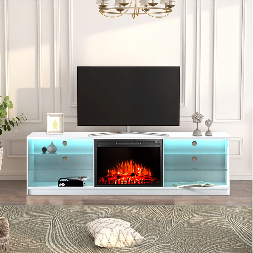 White tv stand with on sale fireplace and led lights