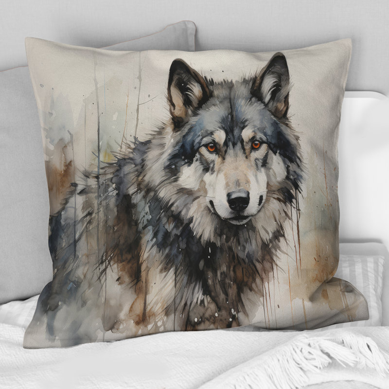 Oreiller imprimé loup, H 16 po x l 16 po, Carré