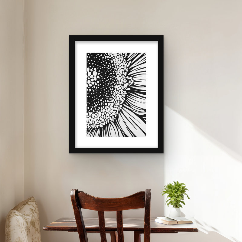 Gerbera fleur imprimé botanique monochrome pour la décoration intérieure, H 20 po x l 16 po, Noir