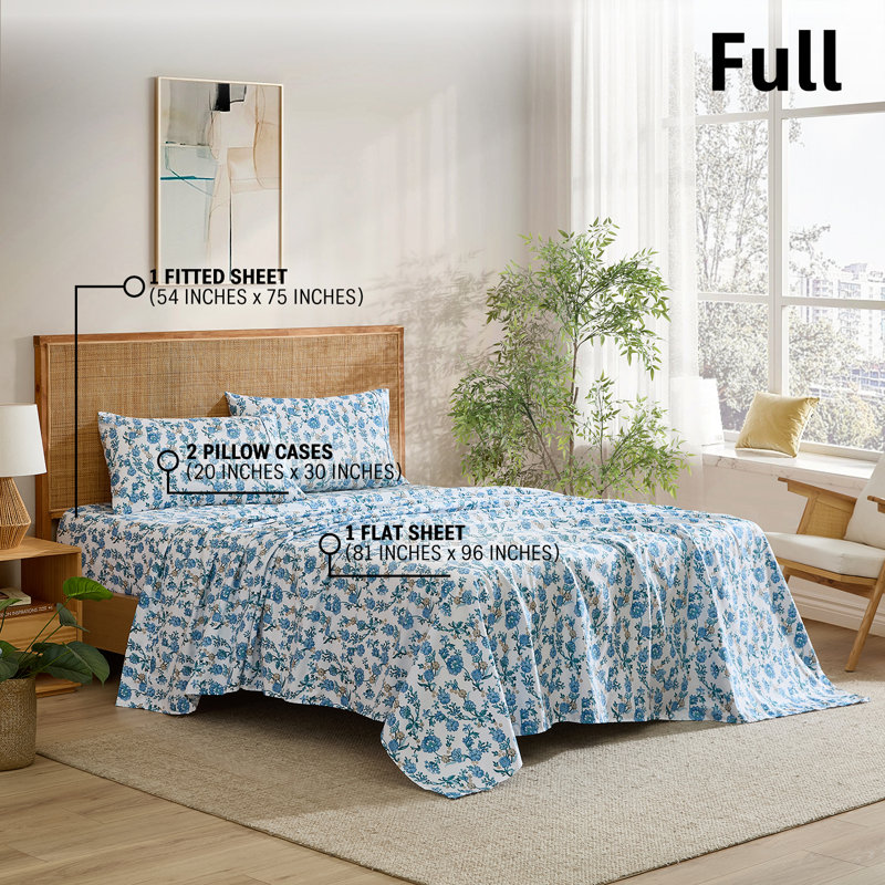 HLC.ME Ditsy Printed Floral Bed Sheets - 4 Piece Patterned Bed Sheet Set - Wrinkle Resistant &  Soft - Fits Mattresses Up To 15 Inches Deep (Full, Blue)