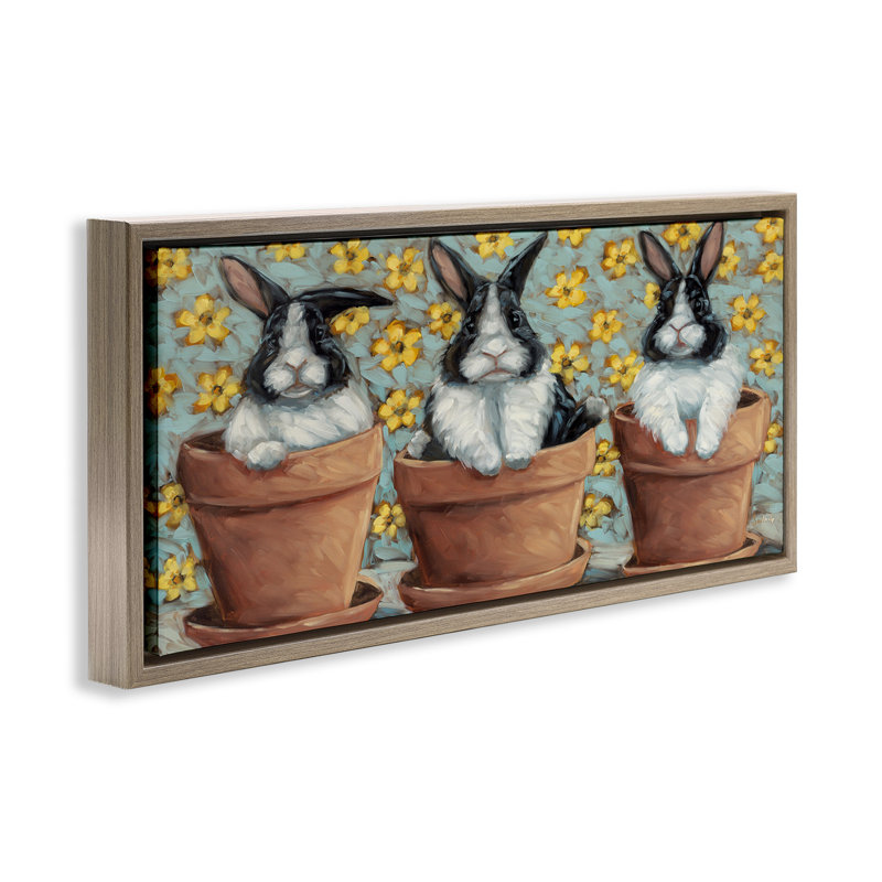 «Three Bunnies in Pots», art mural sur toile flottante par Sara G. Designs, Cadre flottant orme Montalcino, H 11 po x l 25 po
