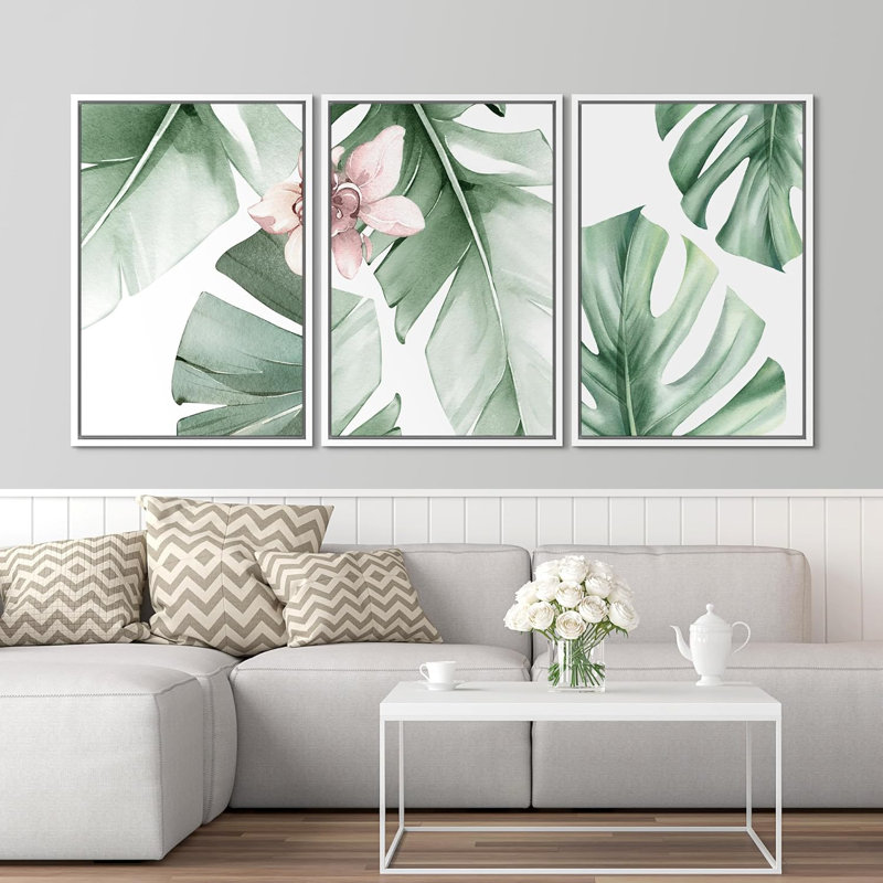 Minimaliste botanique tropical feuille de bananier Monstera vert sauge, œuvre d'art moderne minimaliste botanique, Blanc
