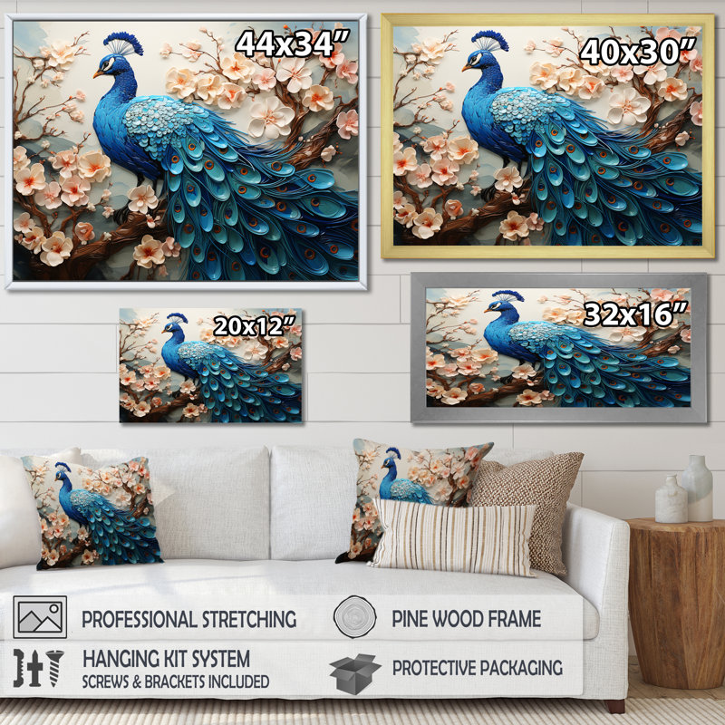 «Flower Peacock S Vibrant Show II», art mural sur toile paon, H 30 po x l 40 po x P 1,5 po, Cadre naturel flottant