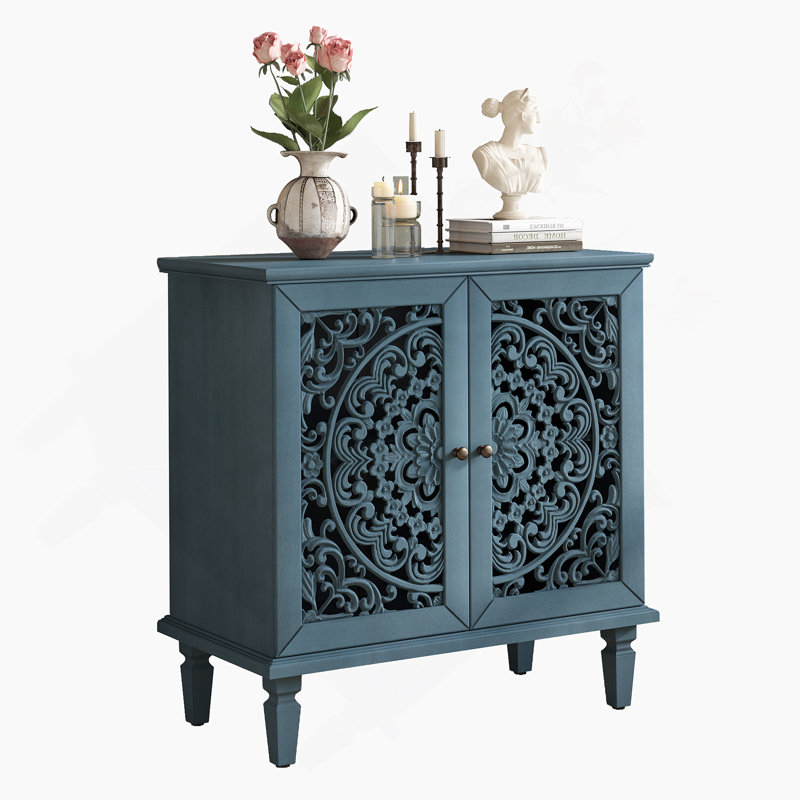 Accent Cabinet, 2-Door Display Storage Cabinet, Sideboard With Adjustable Shelf And Solid Wood Legs, Antique Blue