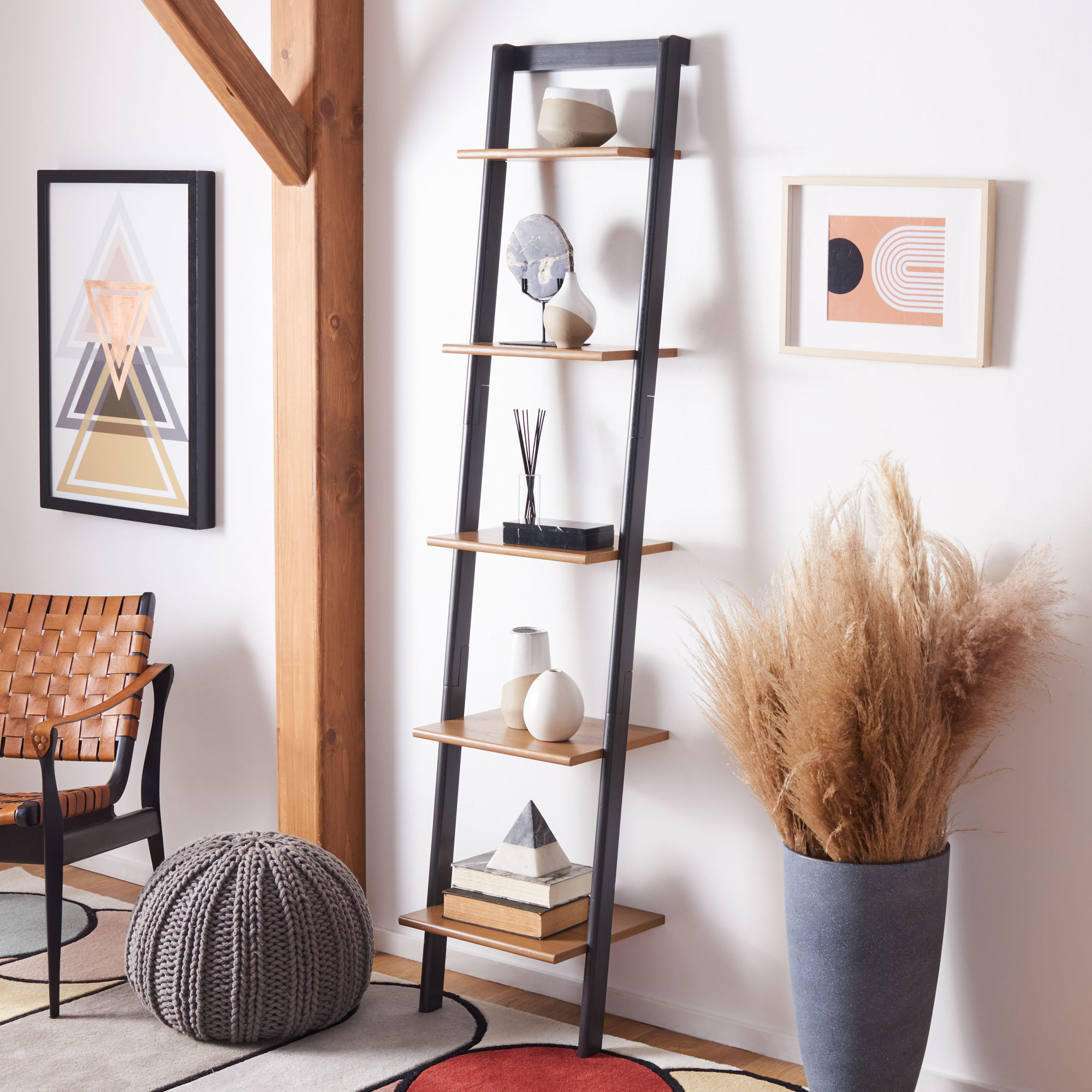 Joe Ladder Bookcase, Natural/ Charcoal, 76" H x 17" W x 14" D