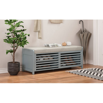 Retro Distressed Shutter Shoe Bench with Storage & Cushioned Seat | Entryway & Living Room Organizer