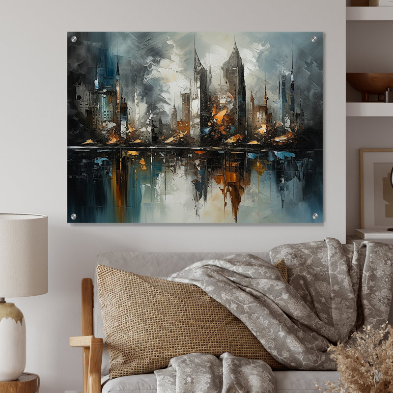 «Abstract City Skyline4», art mural moderne urbain en acrylique, H 30 po x l 40 po