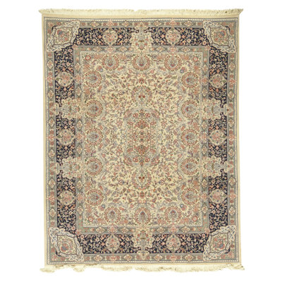 Hand Knotted Wool Oriental Area Rug in Cream And Navy