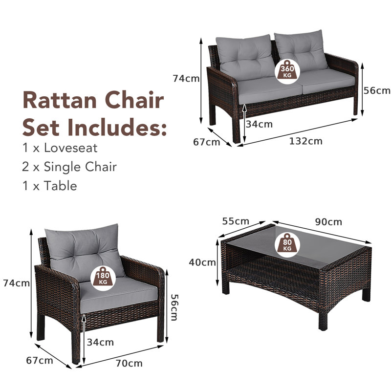 Alyaan 132cm Wide U-Shaped Metal Patio Sofa with Cushions, Grey, Black