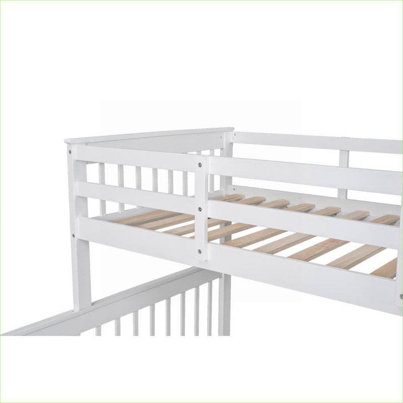 Lit superposé en bois massif à trois places, finition blanche avec lit gigogne, rangement intégré et garde-corps pour chambre à coucher et dortoir