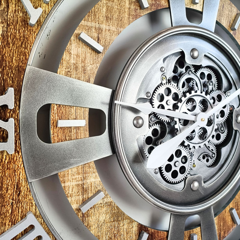 Oversized Vintage Brown Fir Wood Wall Clock with Real Moving Gears