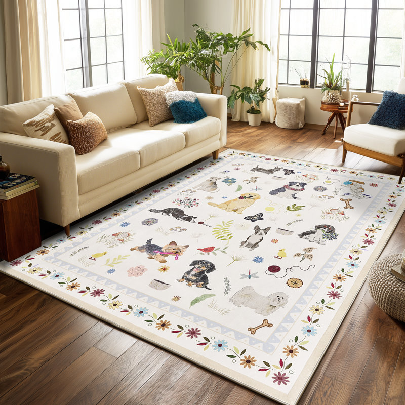 Tapis d'intérieur lavable Puppy, Blanc, Rectangle 6' x 9'