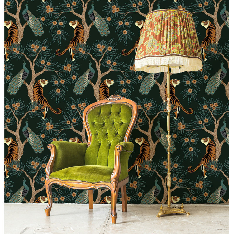 Papier peint floral tigre et paon vert foncé, L 106 po x l 187 po