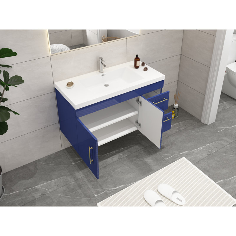 Ensemble de meuble-lavabo simple mural de 42 po Carliss, Bleu nuit, Argent