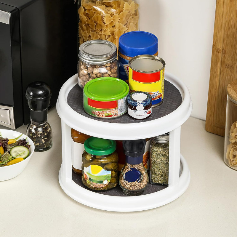 2 Pack, 2 Tier Turntable Lazy Susan Spice Organizer - Rotating Seasoning Rack Spinner For Pantry Cabinet Kitchen Countertop, Table Top Organizing - Multiuse Two Tier Rotating Organization Rack