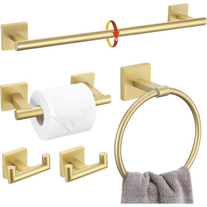 Bathroom Hardware Set - 5 Piece Towel Bar, Toilet Paper Holder, Towel Ring And Robe Hooks - Stainless Steel Wall Mounted Set With Dual Base Design For Enhanced Stability