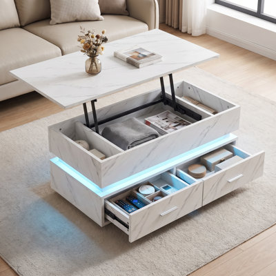 Lift-Top Coffee Table, 39"W, White Marble-Textured MDF with LED Light Strip, 4 Drawers & Hidden Compartment