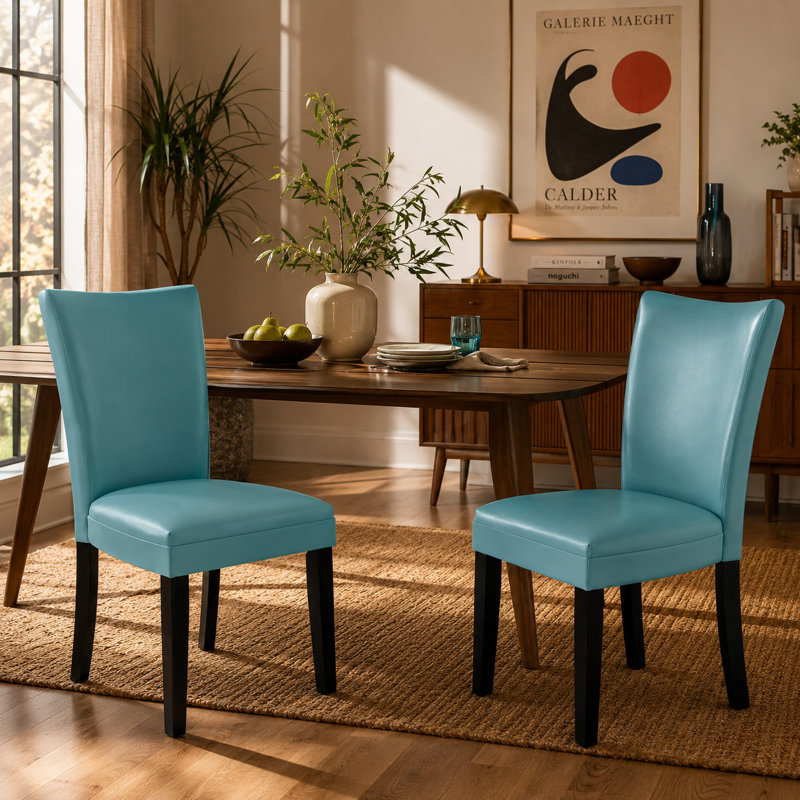 Wexford Collection Set of 2 Mid-Century Modern Parsons Dining Chairs, Upholstered Faux Leather Dining Chairs with Solid Wood Legs, High Back Side Chairs for Dining Room, Kitchen or Breakfast Nook, Light Blue